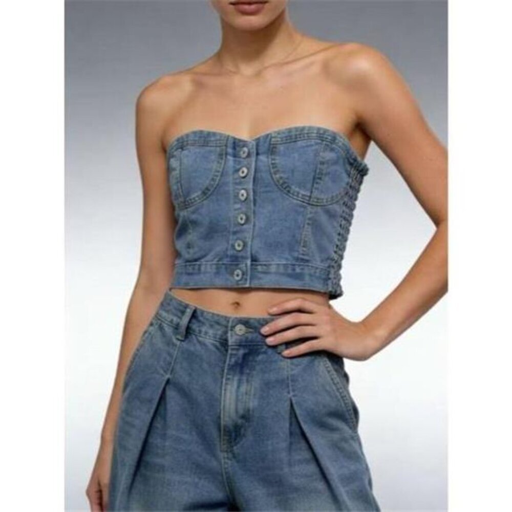 Button-Front Denim Tube Top